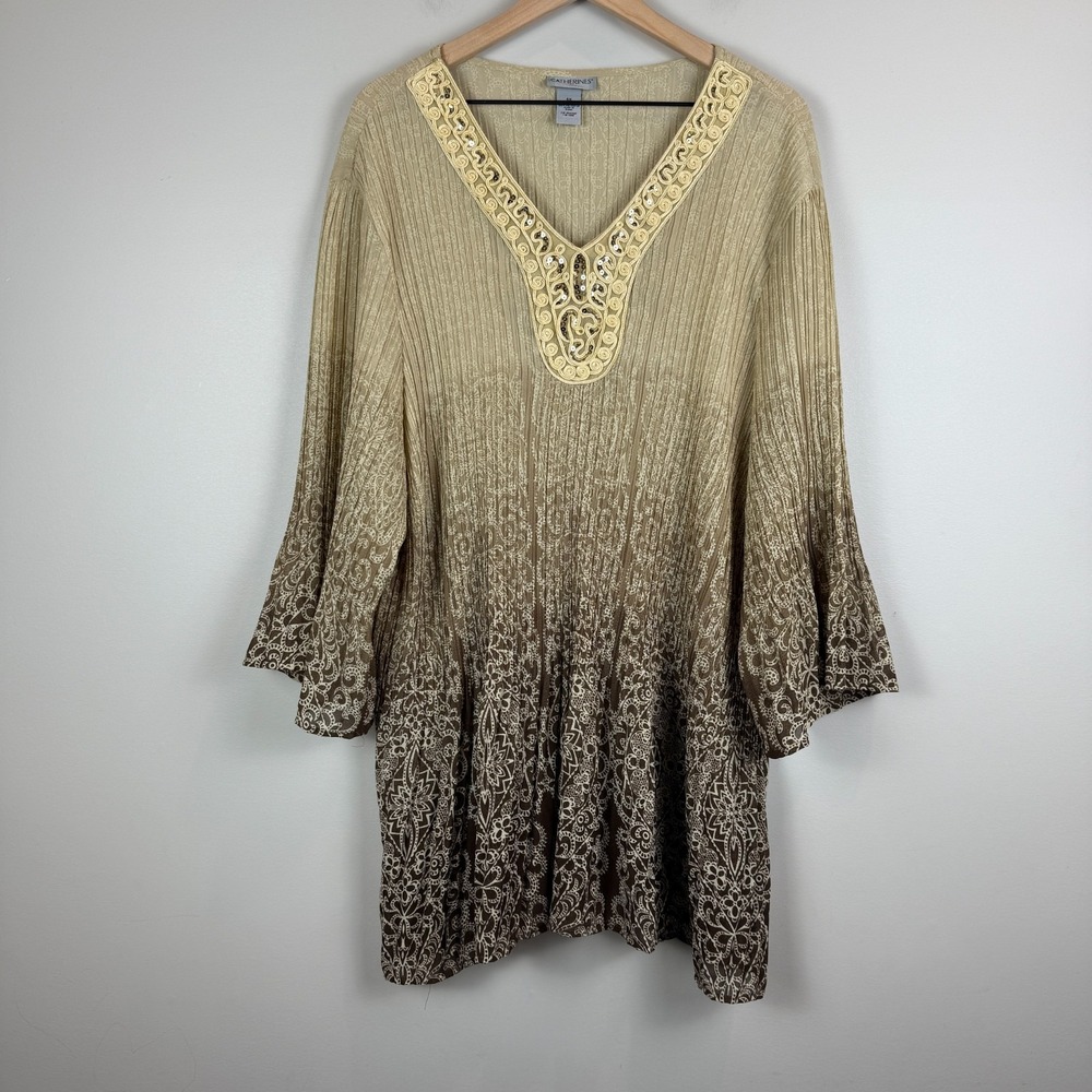 Catherines Top Women's 4X 30/32W Tan Brown Ombre Crinkle Sequin Tunic Peasant
